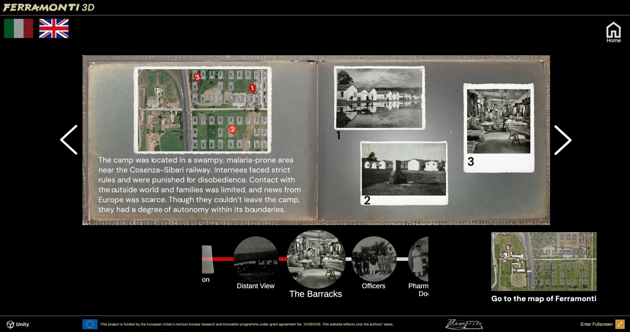 This interactively digitized photobook by a female inmate photographing the camp life and customs tells stories on the circumstances in the Ferramonti internment camp in Italy and makes them more tangible through the use of historical 3D reconstruction and interactive storytelling methods. 2025